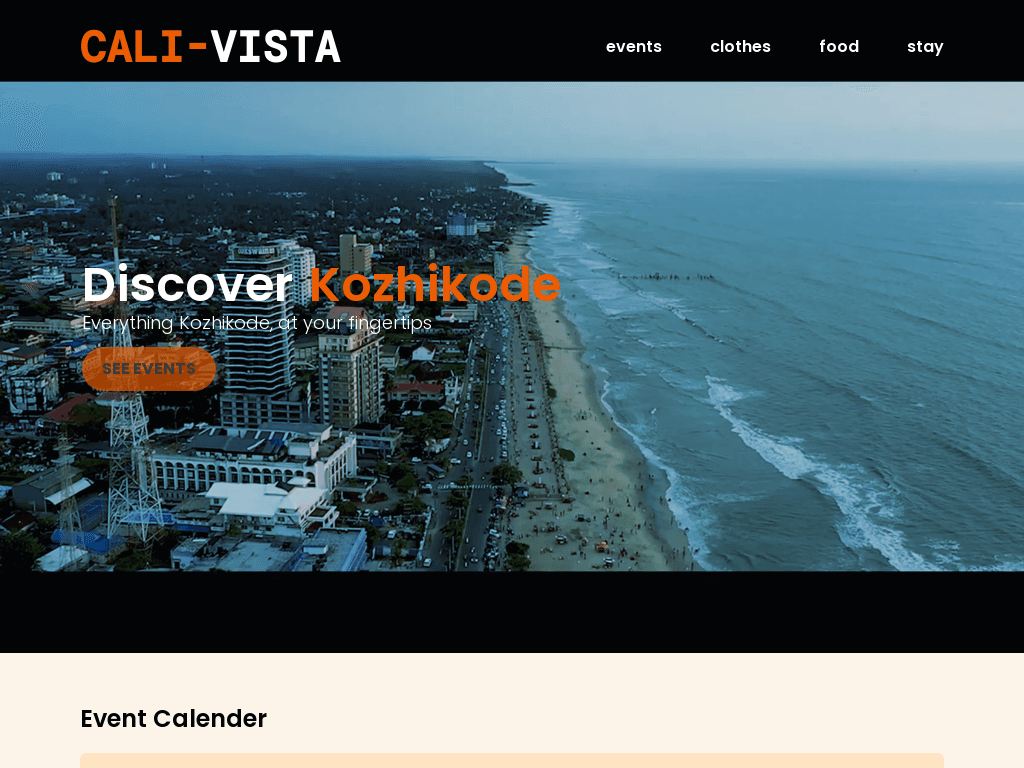 Calivista city guide homepage over an aerial view of Kozhikode beach